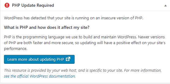 PHP update Screenshot Update PHP Version in WordPress