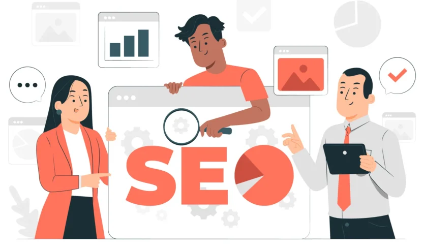 Illustration showing a team of professionals analyzing SEO with charts, graphs, and a magnifying glass, focusing on technical SEO elements