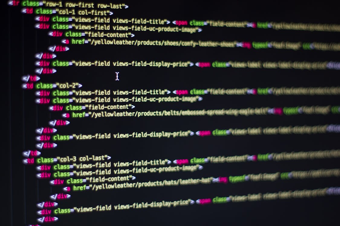 Website Design Checklist 2026: 32 Steps for a Flawless Launch 7 Close-up of HTML code on a black background, showing product links, prices, and images